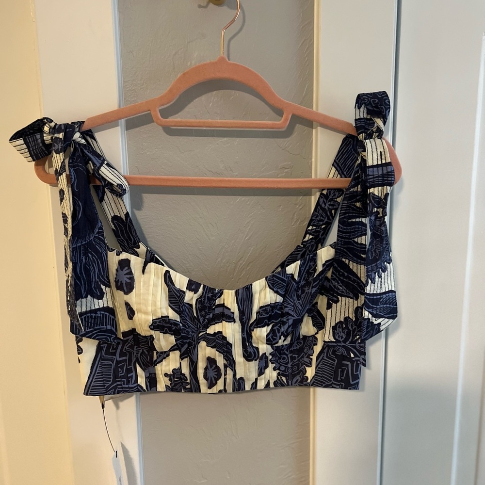 Johanna Ortiz Blue and White Smocked Tie Front Crop Top